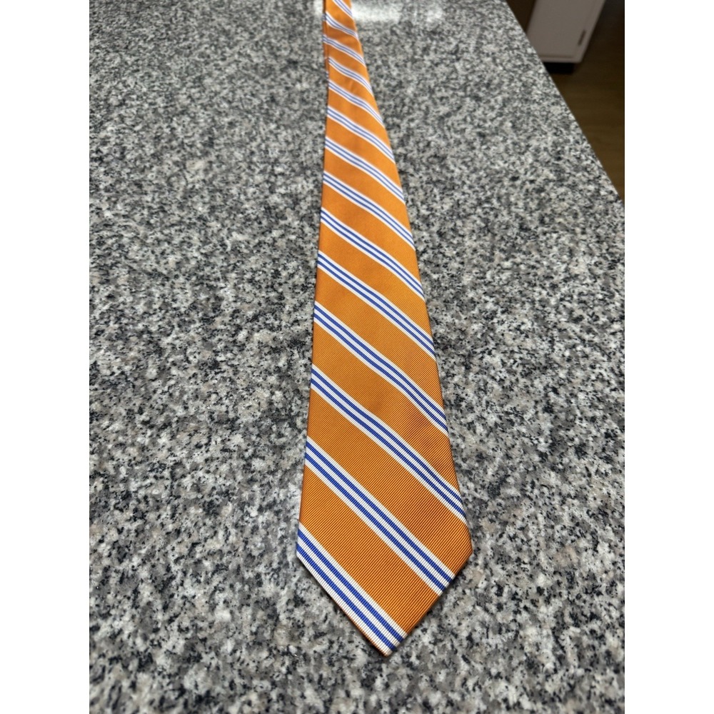 Rooster Repp 100% Silk Necktie Orange Blue Stripe Preppy Old Money